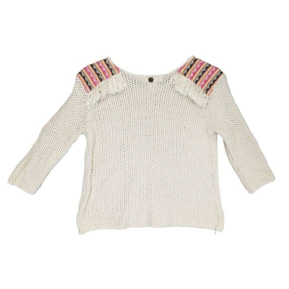 Billabong Sandy Kisses Women's M Boho Aztec Fringe Open Knit Crop Sweater, Beige - Picture 3 of 6
